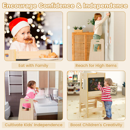 Toddler Kitchen Step Stool with Activity Chalkboard and Adjustable Height-Natural