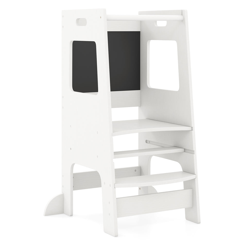 Toddler Kitchen Step Stool with Activity Chalkboard and Adjustable Height-White