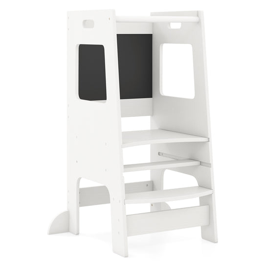 Toddler Kitchen Step Stool with Activity Chalkboard and Adjustable Height-White