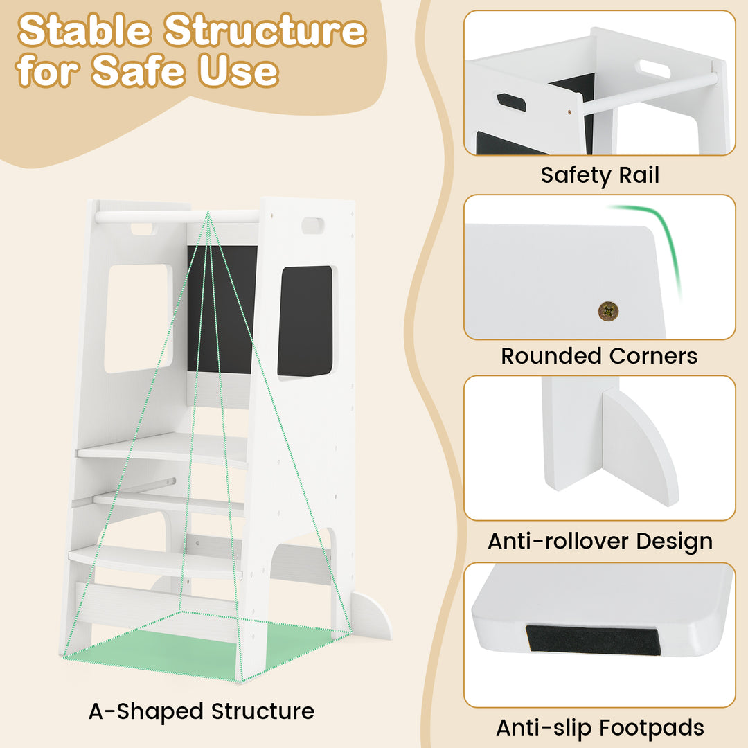 Toddler Kitchen Step Stool with Activity Chalkboard and Adjustable Height-White
