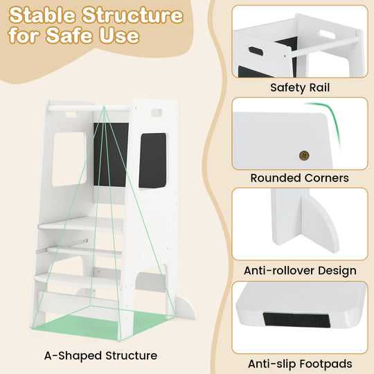 Toddler Kitchen Step Stool with Activity Chalkboard and Adjustable Height-White