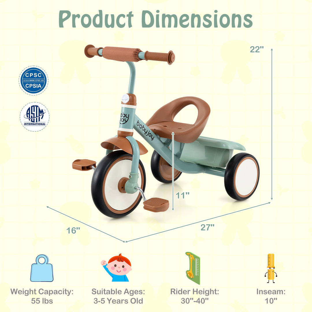 Toddler Tricycle Kids Trike with Adjustable Seat and Basket Aged 3-5 Years Old-Green