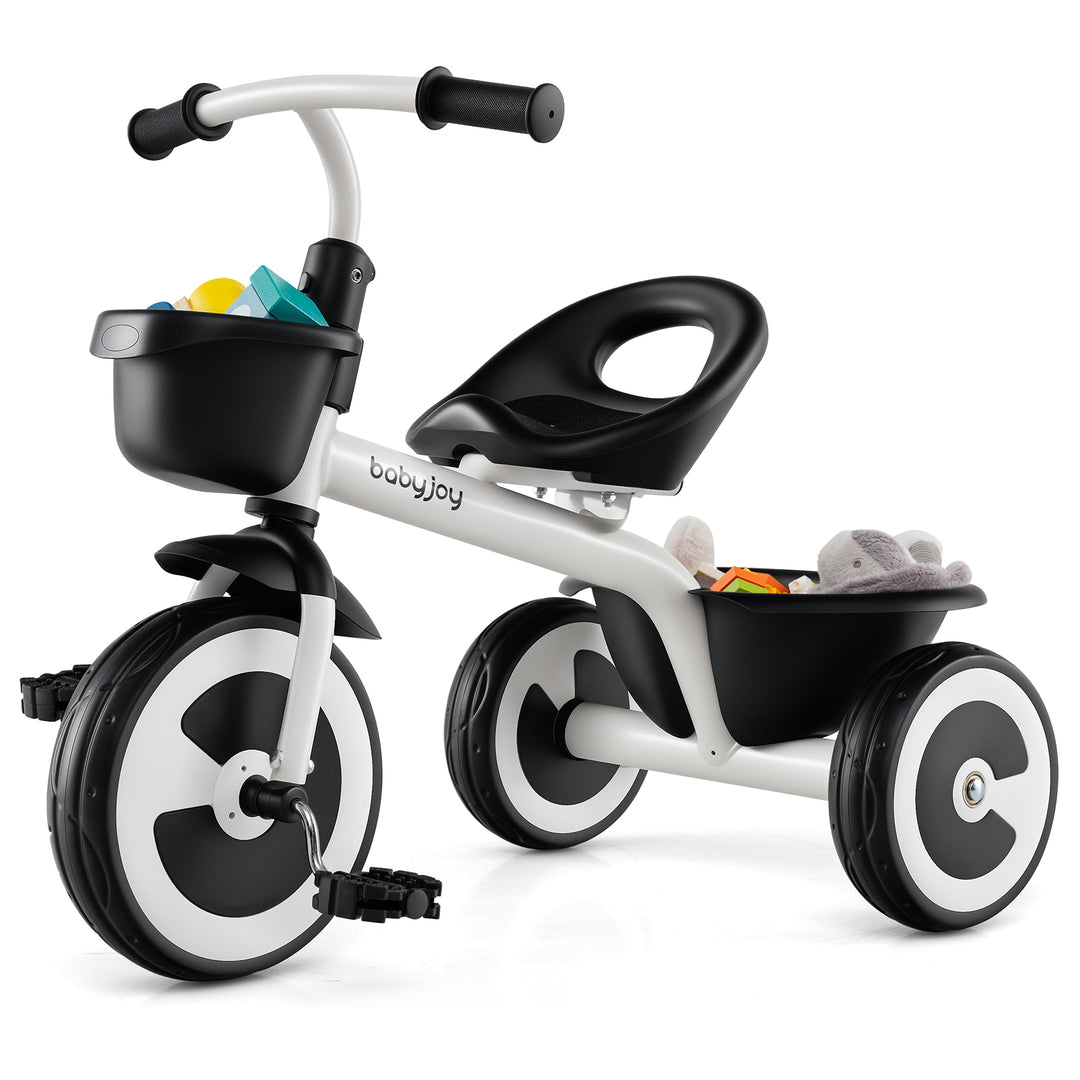 Toddler Tricycle with Adjustable Seat and Storage Baskets for 1.5-5 Years Old-White