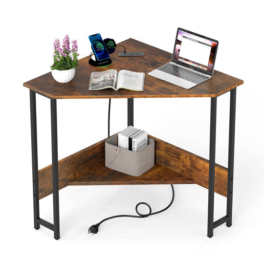 Triangle Corner Desk with Charging Station - Rustic Brown