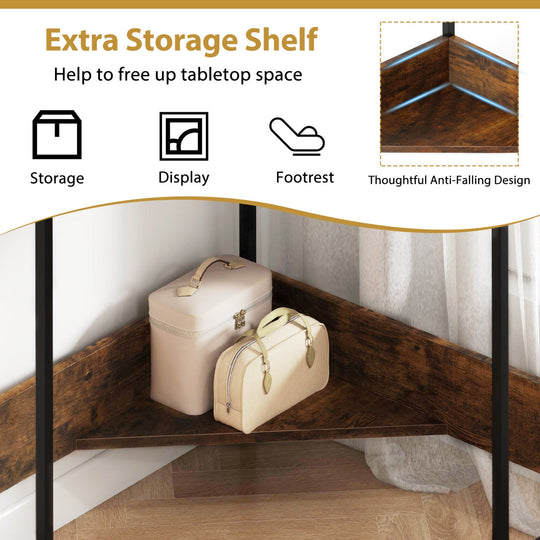 Triangle Corner Desk with Charging Station - Rustic Brown