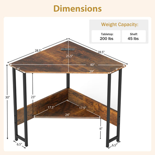 Triangle Corner Desk with Charging Station - Rustic Brown
