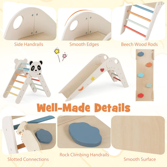 Triangle Set Foldable Kids Climbing Toys Panda-Themed Wood Montessori Climbing Set