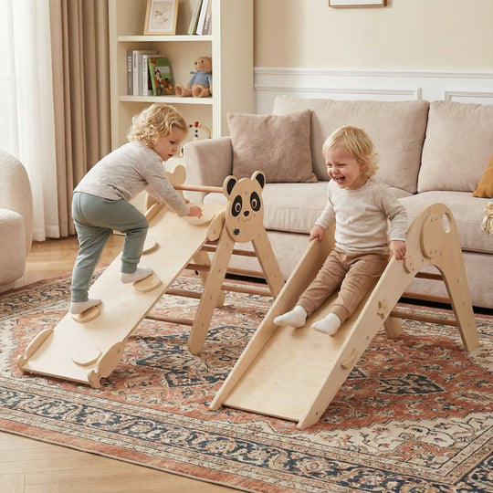 Triangle Set Foldable Kids Climbing Toys Panda-Themed Wood Montessori Climbing Set
