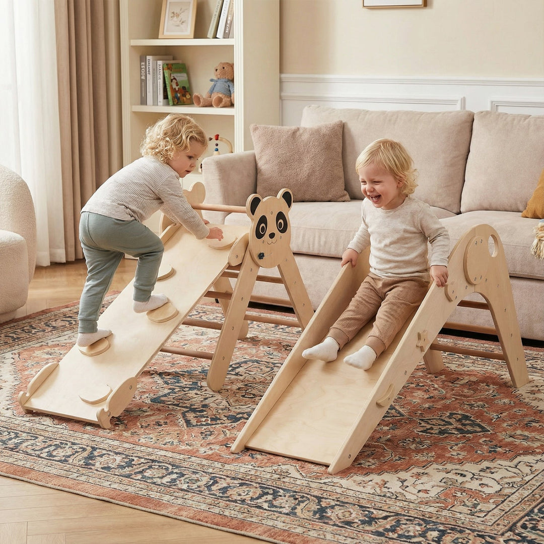 Triangle Set Foldable Kids Climbing Toys Panda-Themed Wood Montessori Climbing Set