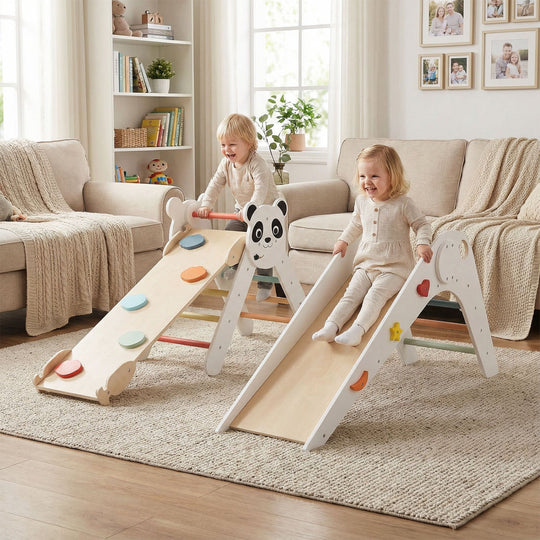 Triangle Set Foldable Kids Climbing Toys Panda-Themed Wood Montessori Climbing Set