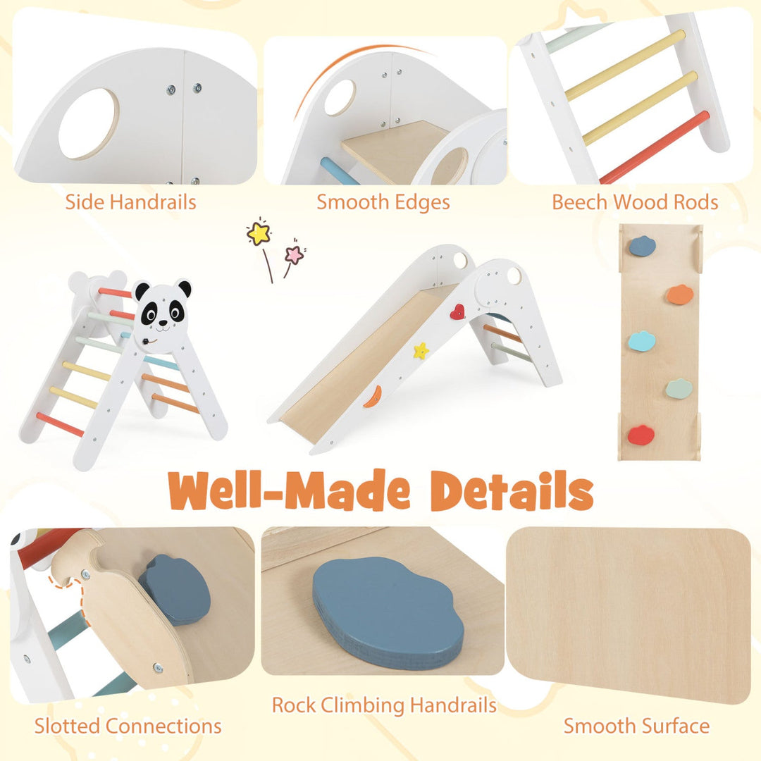 Triangle Set Foldable Kids Climbing Toys Panda-Themed Wood Montessori Climbing Set