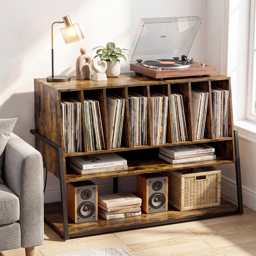 Turntable Stand with Charging Station & Vinyl Storage