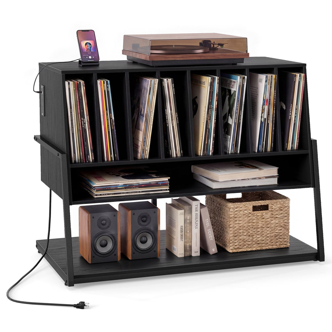 Turntable Stand with Charging Station & Vinyl Storage