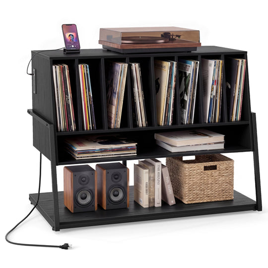 Turntable Stand with Charging Station & Vinyl Storage