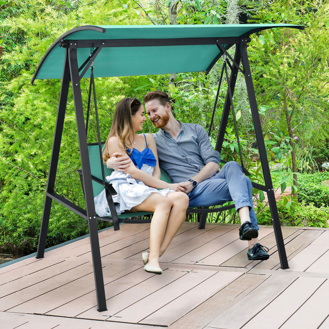 Outdoor Porch Steel Hanging 2-Seat Swing Loveseat with Canopy