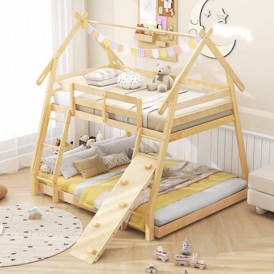 Twin Over Queen Bunk Bed Wooden Kids Bed with Climbing Nets and Ramp-Natural