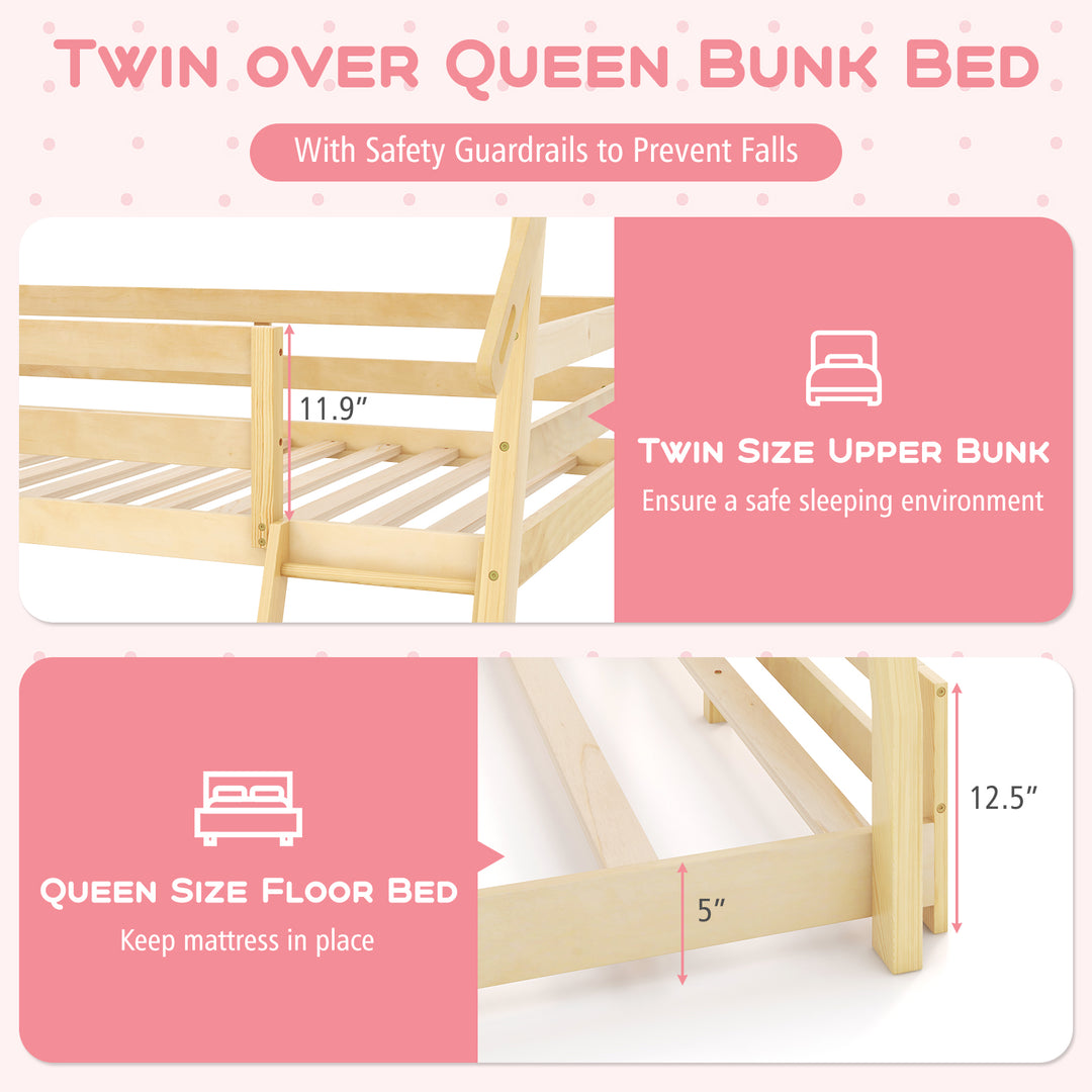 Twin Over Queen Bunk Bed Wooden Kids Bed with Climbing Nets and Ramp-Natural