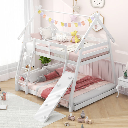 Twin Over Queen Bunk Bed Wooden Kids Bed with Climbing Nets and Ramp-White