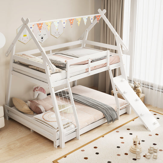 Twin Over Queen Bunk Bed Wooden Kids Bed with Climbing Nets and Ramp-White