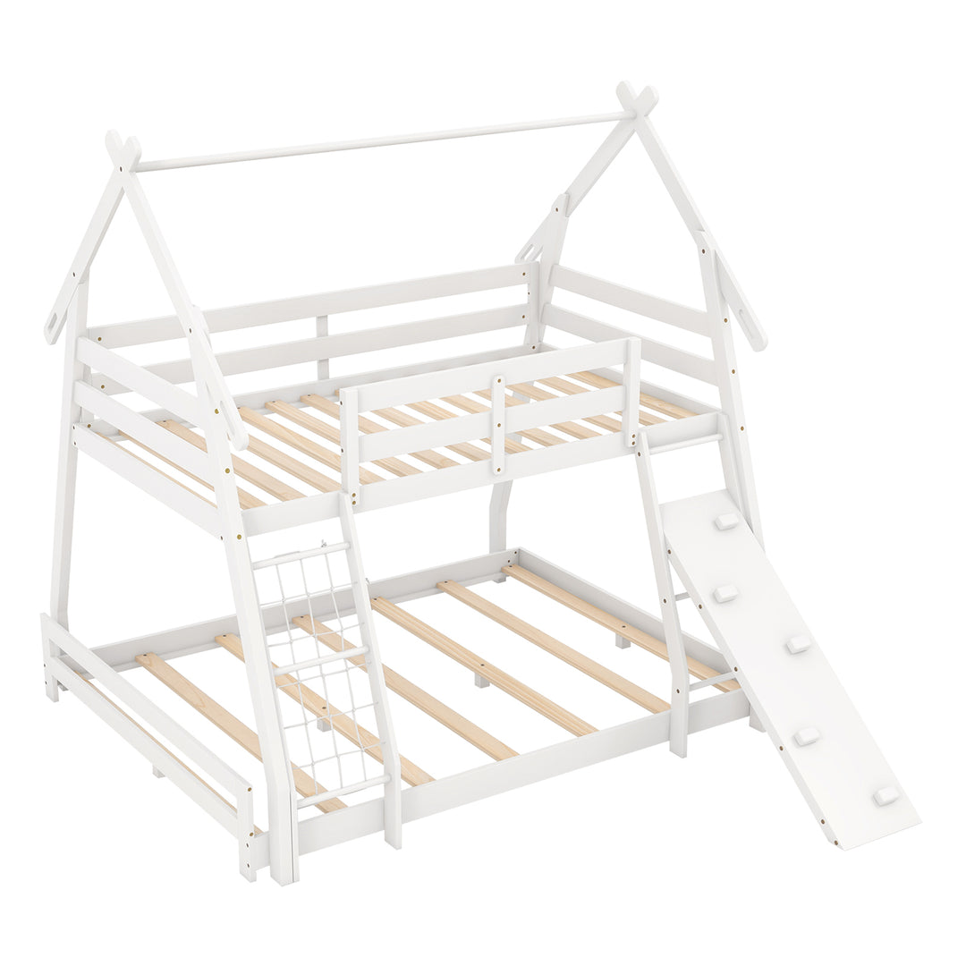 Twin Over Queen Bunk Bed Wooden Kids Bed with Climbing Nets and Ramp-White