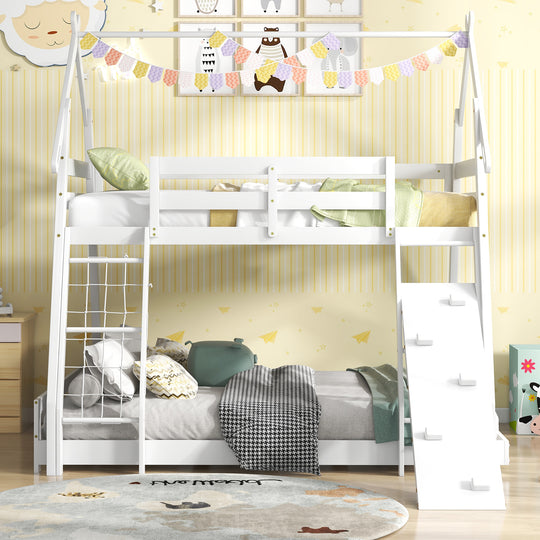Twin Over Queen Bunk Bed Wooden Kids Bed with Climbing Nets and Ramp-White