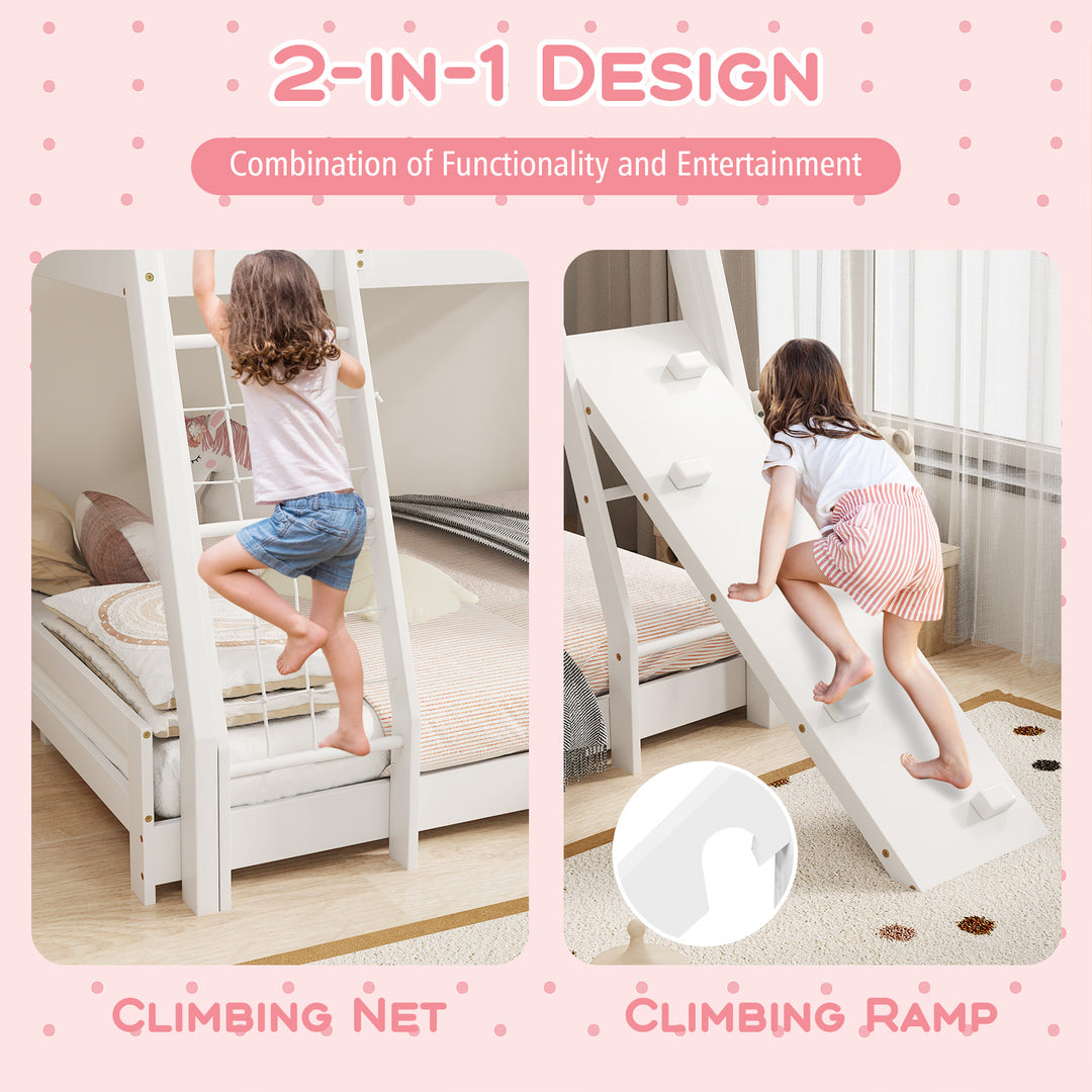 Twin Over Queen Bunk Bed Wooden Kids Bed with Climbing Nets and Ramp-White
