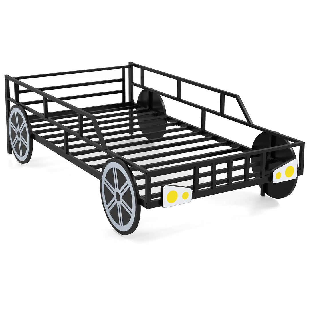 Twin-Size Kids Metal Bed Frame Car-Shaped with Safety Guardrails-Twin Size