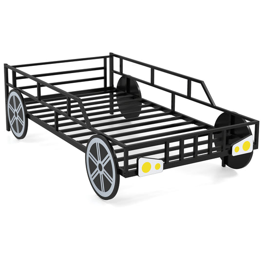 Twin-Size Kids Metal Bed Frame Car-Shaped with Safety Guardrails-Twin Size