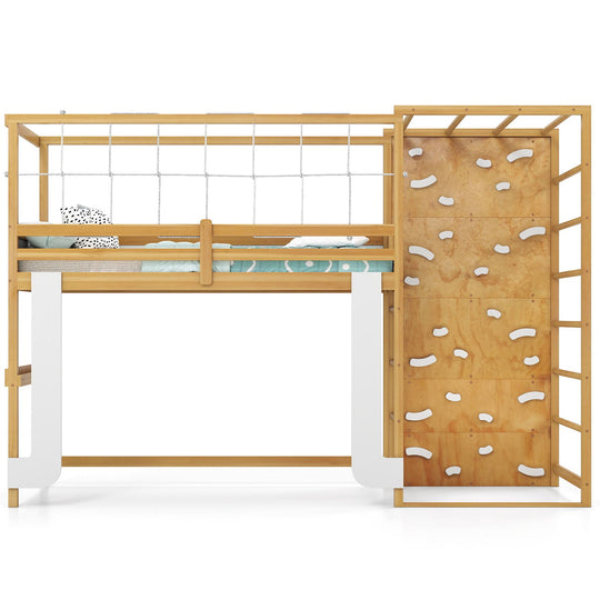 Twin Bunk Bed with Jungle Gym Wooden Loft Bed with Climbing Ladder-Natural