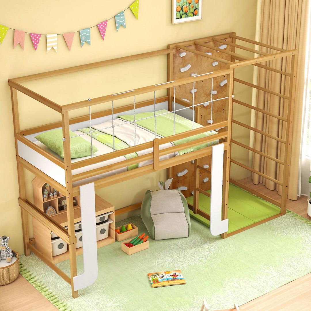 Twin Bunk Bed with Jungle Gym Wooden Loft Bed with Climbing Ladder-Natural