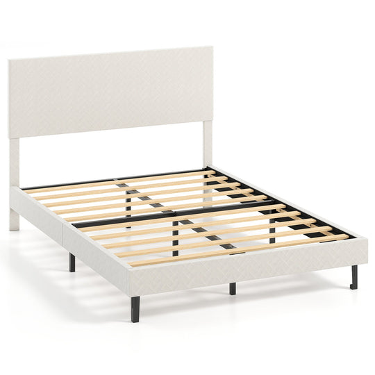 Twin/Full/Queen Size Velvet Bed Frame Upholstered Platform Bed with Chevron Headboard Beige