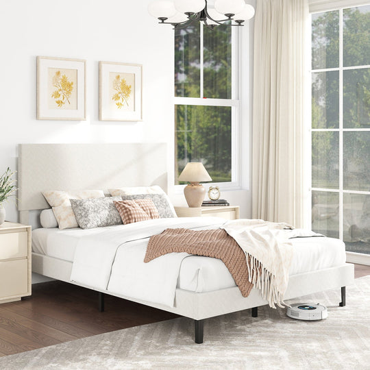 Twin/Full/Queen Size Velvet Bed Frame Upholstered Platform Bed with Chevron Headboard Beige
