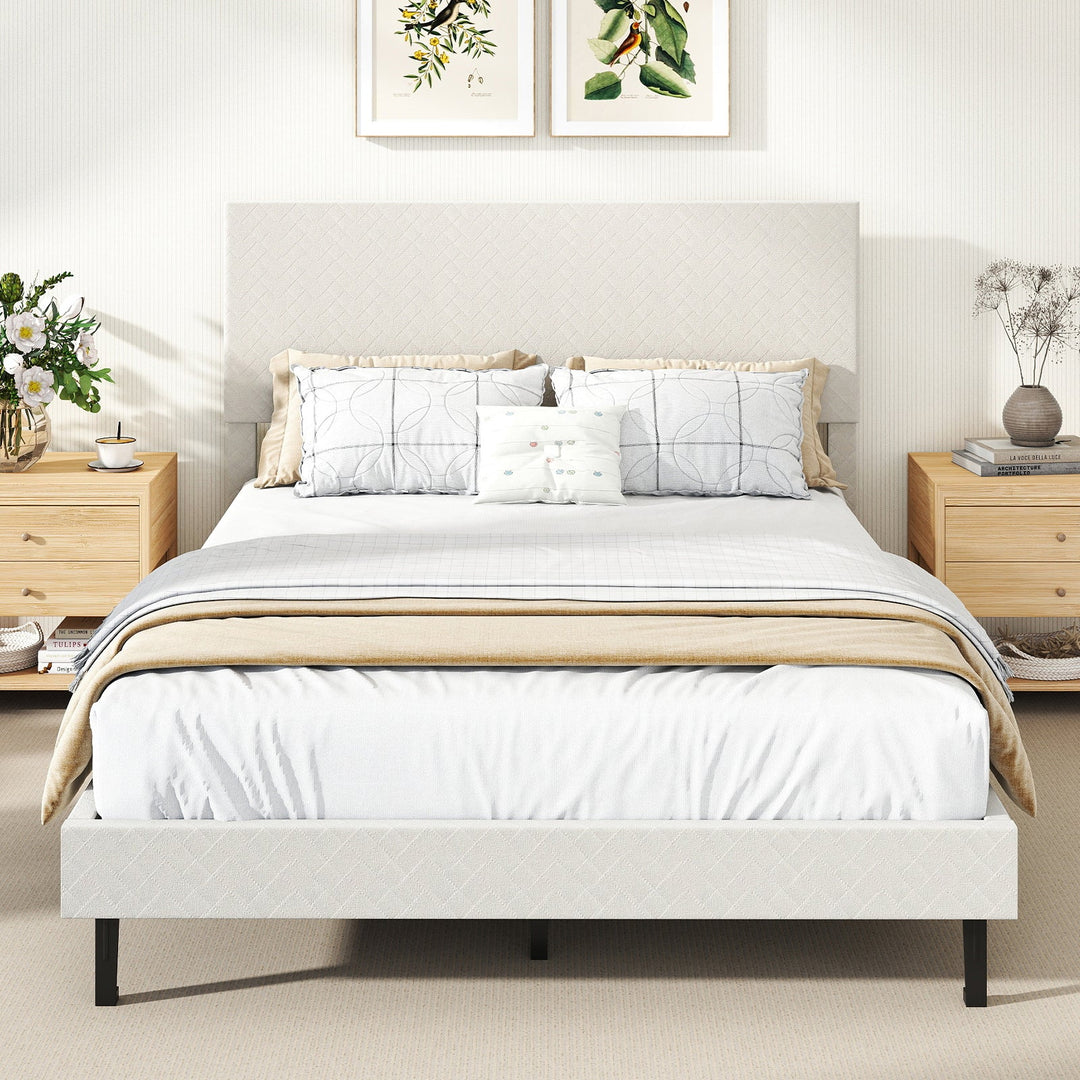 Twin/Full/Queen Size Velvet Bed Frame Upholstered Platform Bed with Chevron Headboard Beige