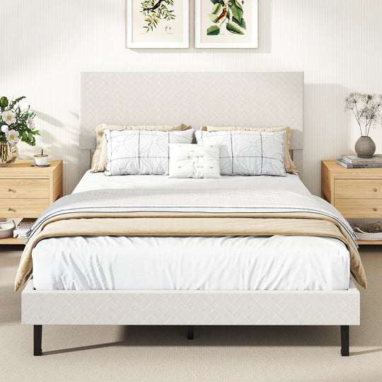 Twin/Full/Queen Size Velvet Bed Frame Upholstered Platform Bed with Chevron Headboard Beige