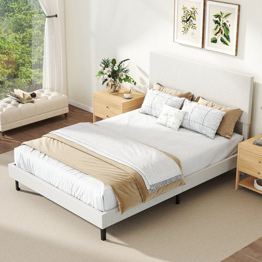 Twin/Full/Queen Size Velvet Bed Frame Upholstered Platform Bed with Chevron Headboard Beige