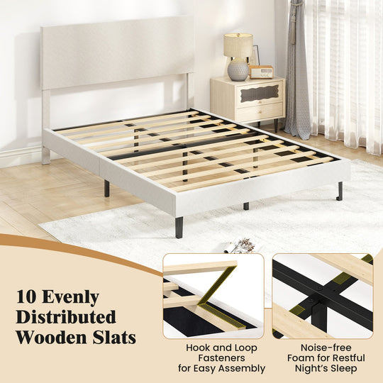 Twin/Full/Queen Size Velvet Bed Frame Upholstered Platform Bed with Chevron Headboard Beige