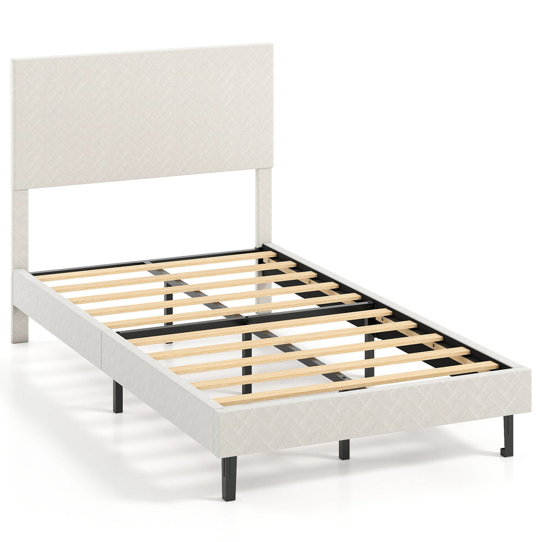 Twin/Full/Queen Size Velvet Bed Frame Upholstered Platform Bed with Chevron Headboard Beige