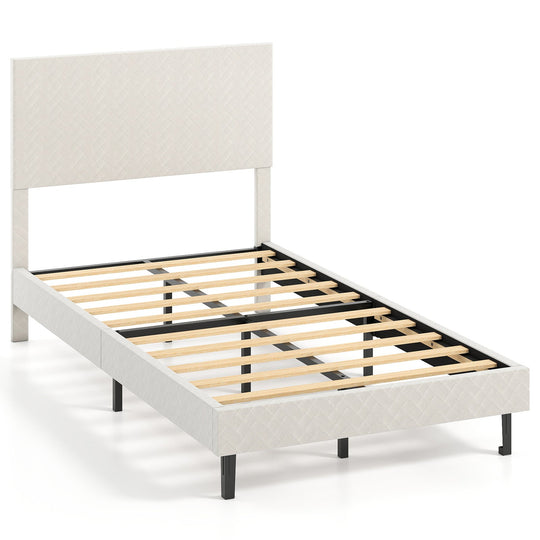 Twin/Full/Queen Size Velvet Bed Frame Upholstered Platform Bed with Chevron Headboard Beige