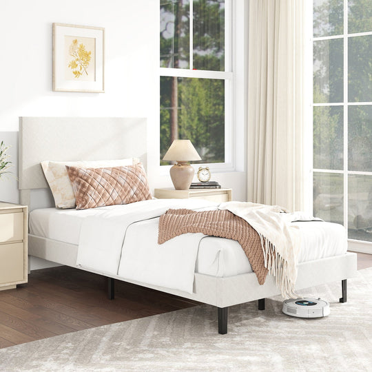 Twin/Full/Queen Size Velvet Bed Frame Upholstered Platform Bed with Chevron Headboard Beige