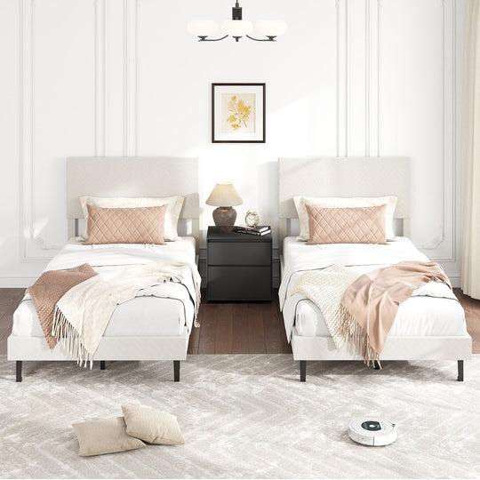 Twin/Full/Queen Size Velvet Bed Frame Upholstered Platform Bed with Chevron Headboard Beige