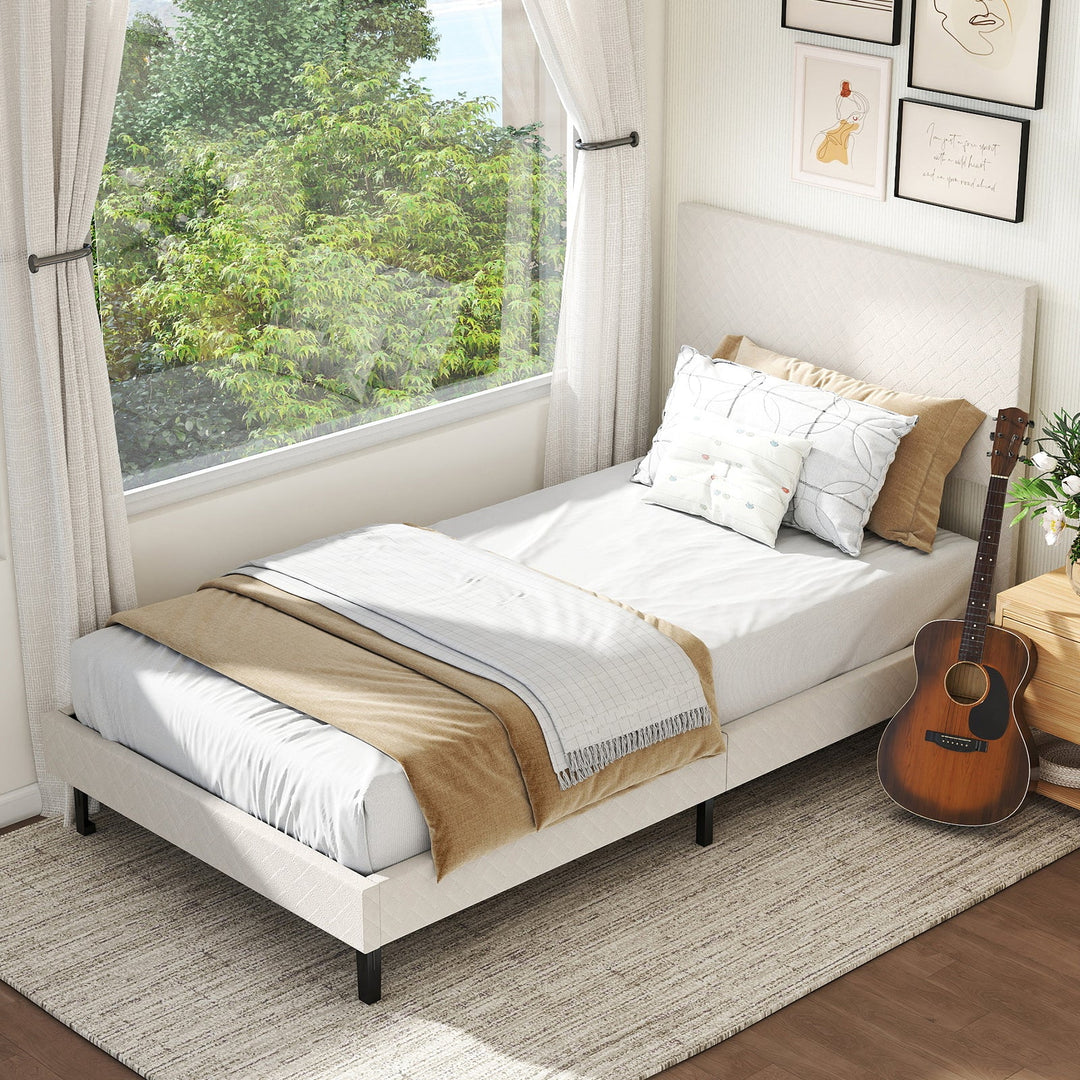 Twin/Full/Queen Size Velvet Bed Frame Upholstered Platform Bed with Chevron Headboard Beige