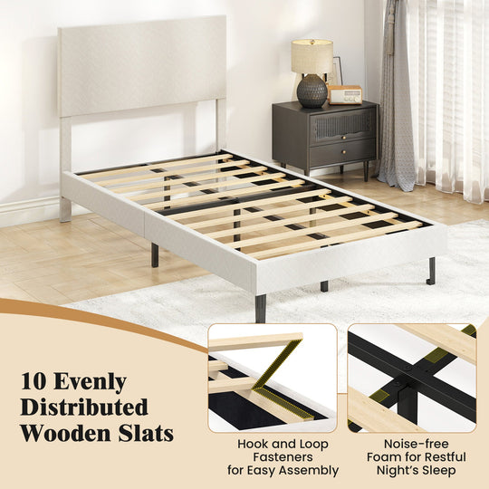 Twin/Full/Queen Size Velvet Bed Frame Upholstered Platform Bed with Chevron Headboard Beige