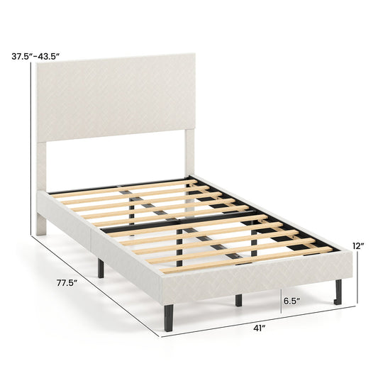 Twin/Full/Queen Size Velvet Bed Frame Upholstered Platform Bed with Chevron Headboard Beige