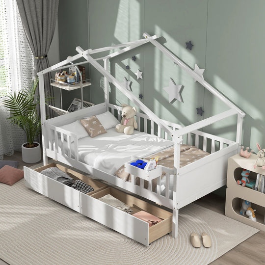 Twin House Bed with 2 Storage Drawers and Roof & Fence Rails