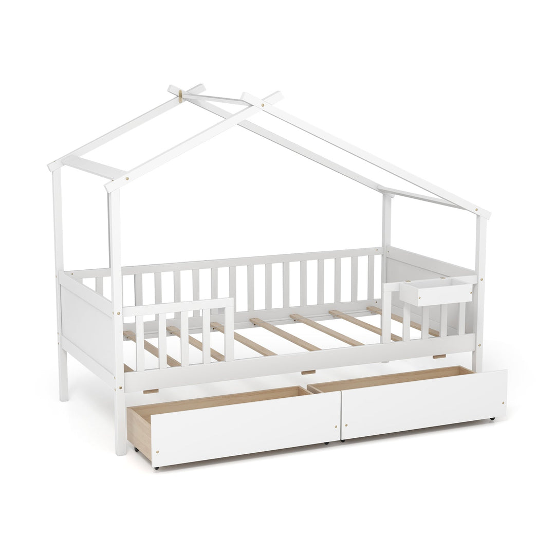 Twin House Bed with 2 Storage Drawers and Roof & Fence Rails