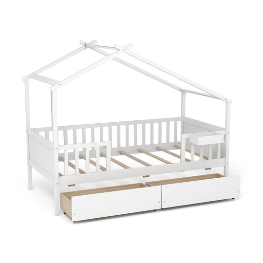 Twin House Bed with 2 Storage Drawers and Roof & Fence Rails