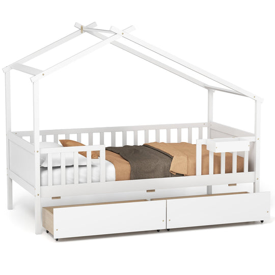 Twin House Bed with 2 Storage Drawers and Roof & Fence Rails