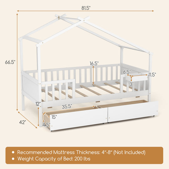 Twin House Bed with 2 Storage Drawers and Roof & Fence Rails