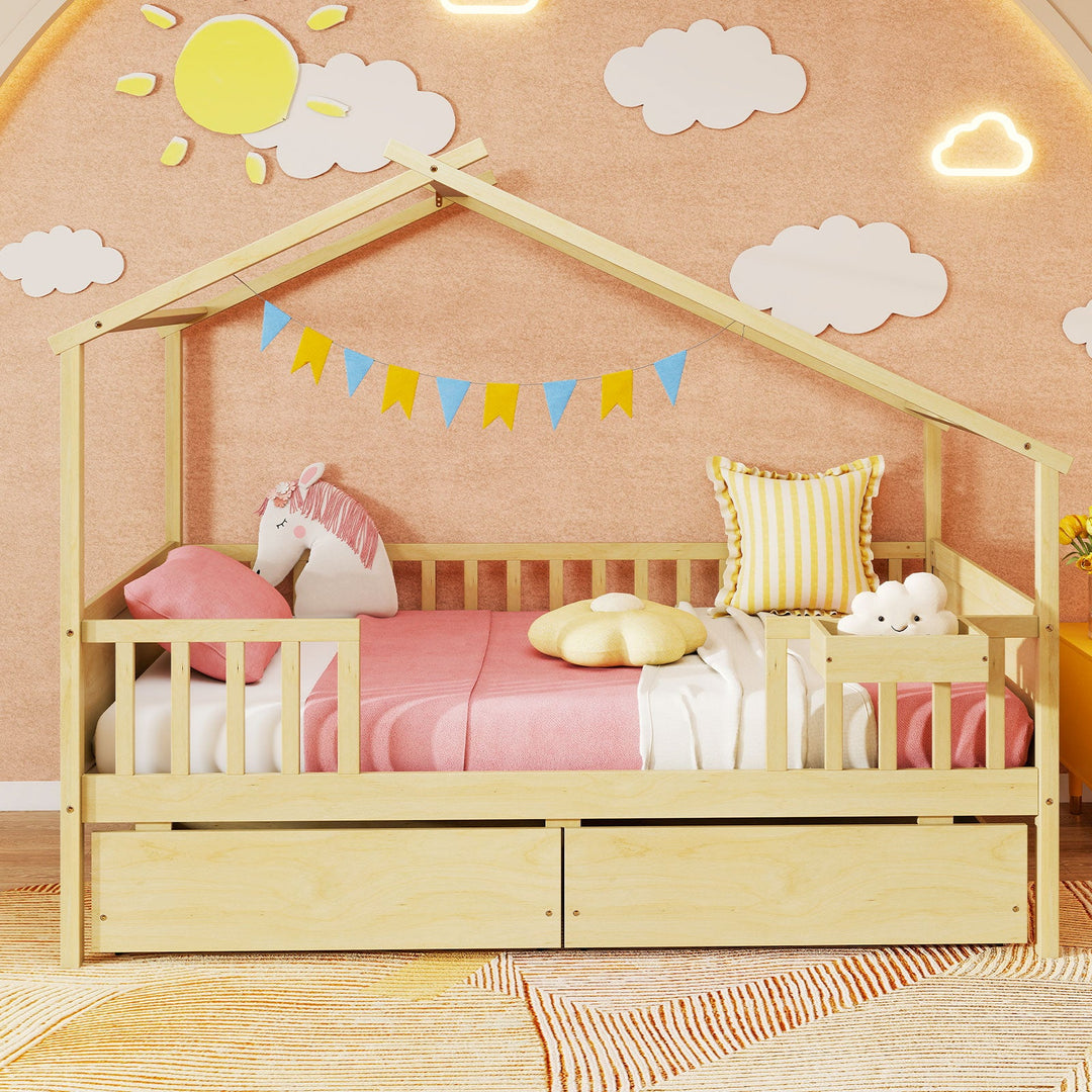 Twin House Bed with 2 Storage Drawers and Roof & Fence Rails