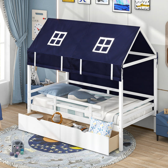 Twin House Bed with Tent and 2 Storage Drawers for Kids-White